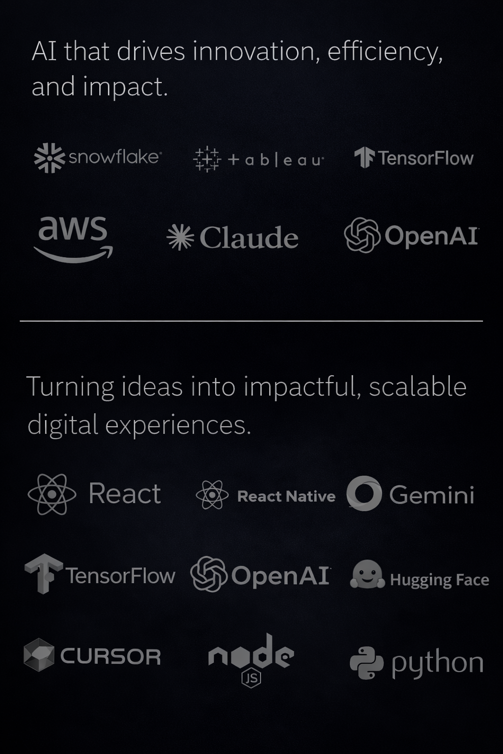 Parix Digital technology stack, including AWS, Claude, OpenAI, React, and Gemini